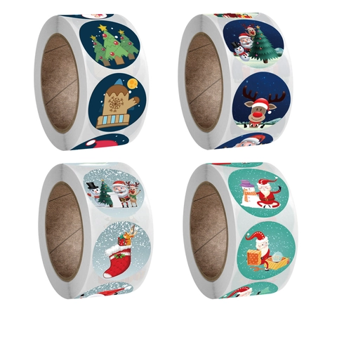 Weihnachten Kraftpapier Aufkleber Rolle Rund Selbstklebend Etiketten Weihnachtsmann Rentier Muster Feiertag Geschenk Deko