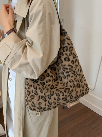 Grote Capaciteit Luipaardprint Pluche Tote Bag Voor Dames Kunstbont Schoudertas Herfst Winter Woon-Werkverkeer Onderarm Tas Hobo Bag