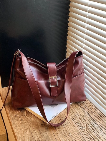Bolso de Hombro de Cuero PU de Moda para Mujer Vintage Gran Capacidad Conmutación Bolso Hobo Bolso de Axila Bolso Bandoulière Color Sólido Monedero Con Hebilla de Metal