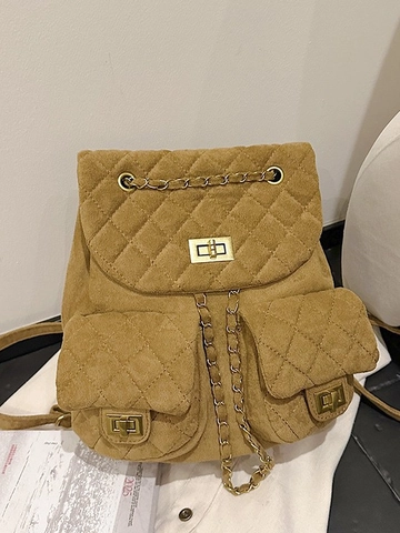 Mini Sac à Dos Matelassé avec Chaîne pour Femmes Vintage Mode PU Texture Daim Rétro Petit Sac à Dos Lady Daypack Style Urbain