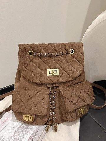 Mini Sac à Dos Matelassé avec Chaîne pour Femmes Vintage Mode PU Texture Daim Rétro Petit Sac à Dos Lady Daypack Style Urbain