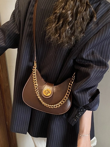 Minimalist PU Leather Half Moon Crossbody Bag For Women Vintage Metal Chain Small Hobo Shoulder Bag With Twist Lock Closure Retro Underarm Bag