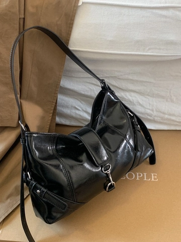Women PU Leather Underarm Bag French Vintage Glossy Shoulder Bag Solid Color Metal Buckle Fashion Hobo Bag For Daily Use