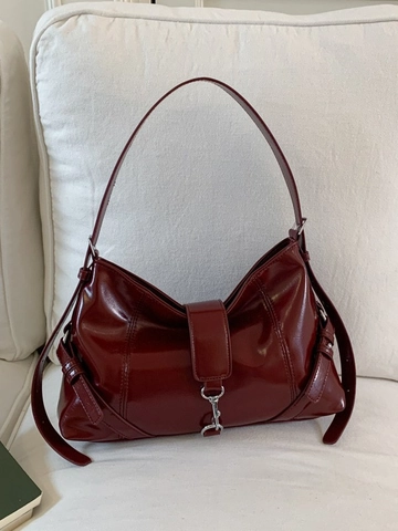 Women PU Leather Underarm Bag French Vintage Glossy Shoulder Bag Solid Color Metal Buckle Fashion Hobo Bag For Daily Use