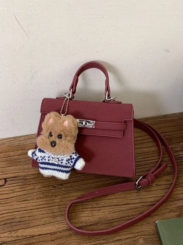 Women Retro Kelly Style PU Leather Top Handle Bag Fashion Minimalist Lychee Pattern Shoulder Crossbody Bag With Plush Pendant