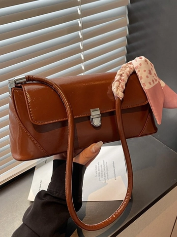 Borsa a Spalla da Donna in Pelle PU Vintage Con Decorazione a Sciarpa in Seta Satinata Borsa Sottobraccio Lucida Minimalista Per Uso Quotidiano