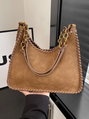 Vintage Damen Umhängetasche Große Kapazität PU Leder Suede Textur Whipstitch Kanten Magnetschnalle Mit Kette Riemen Innentasche Handtasche