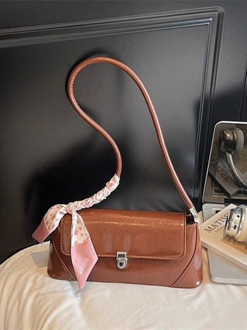 Borsa a Spalla da Donna in Pelle PU Vintage Con Decorazione a Sciarpa in Seta Satinata Borsa Sottobraccio Lucida Minimalista Per Uso Quotidiano