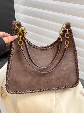Vintage Damen Umhängetasche Große Kapazität PU Leder Suede Textur Whipstitch Kanten Magnetschnalle Mit Kette Riemen Innentasche Handtasche