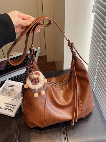 Vintage PU Leather Hobo Bag For Women Large Capacity Underarm Tote Bag With Plush Pendant Adjustable Strap Shoulder Bag