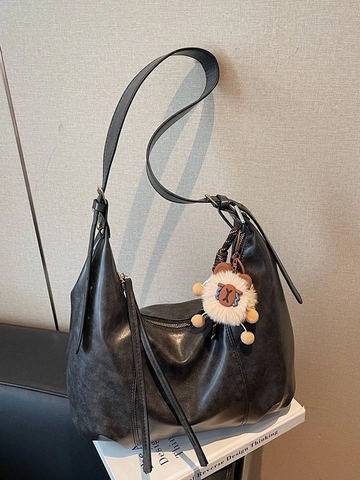 Vintage PU Leather Hobo Bag For Women Large Capacity Underarm Tote Bag With Plush Pendant Adjustable Strap Shoulder Bag