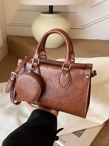 Women Retro PU Leather Small Square Handbag With Round Coin Purse Gold Hardware Casual Crossbody Shoulder Bag Solid Color