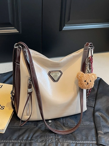 Borsa Tote Vintage in Pelle PU da Donna Grande Capacità Borsa a Spalla Con Ciondolo Orsetto di Peluche Cuciture a Contrasto Moda Hobo
