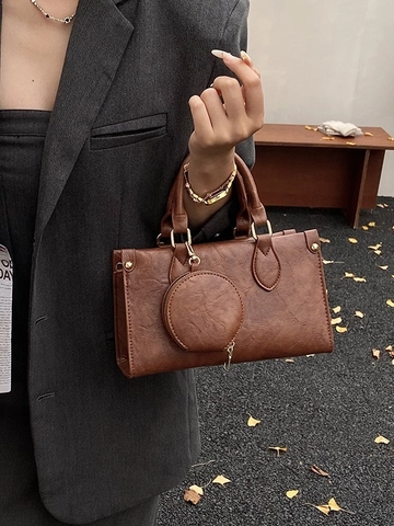 Women Retro PU Leather Small Square Handbag With Round Coin Purse Gold Hardware Casual Crossbody Shoulder Bag Solid Color