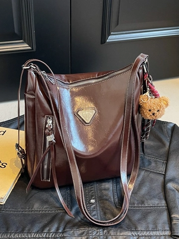 Borsa Tote Vintage in Pelle PU da Donna Grande Capacità Borsa a Spalla Con Ciondolo Orsetto di Peluche Cuciture a Contrasto Moda Hobo