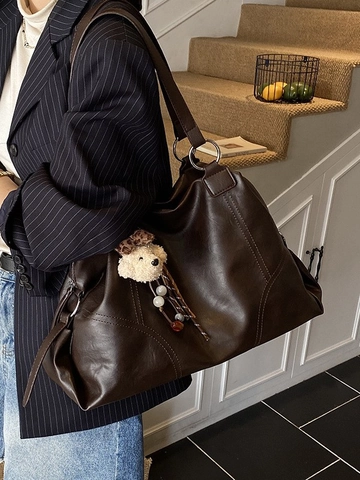 Große Kapazität PU Leder Tragetasche Für Damen Minimalistische Lässige Schulter Unterarmtasche Mit Süßem Bärenanhänger Mode Handtasche