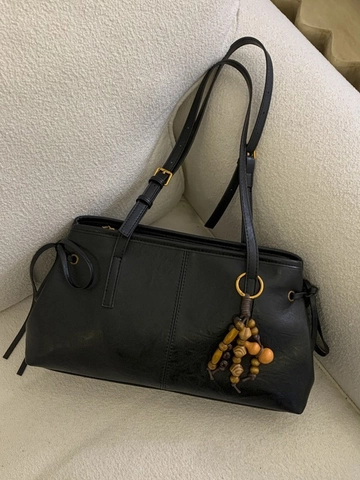 Bolso de Hombro de Cuero PU para Mujer Vintage Gran Capacidad Bolso Tote Retro Con Colgante de Cuentas de Madera Costuras Bolso Casual