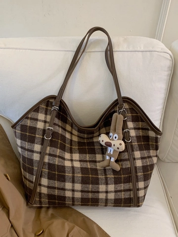Damen Große Kapazität Karo Leopard Print Einkaufstasche Vintage Lässig Pendler Schultertasche Mit Cartoon Hase Anhänger Handtasche