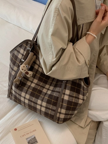Damen Große Kapazität Karo Leopard Print Einkaufstasche Vintage Lässig Pendler Schultertasche Mit Cartoon Hase Anhänger Handtasche