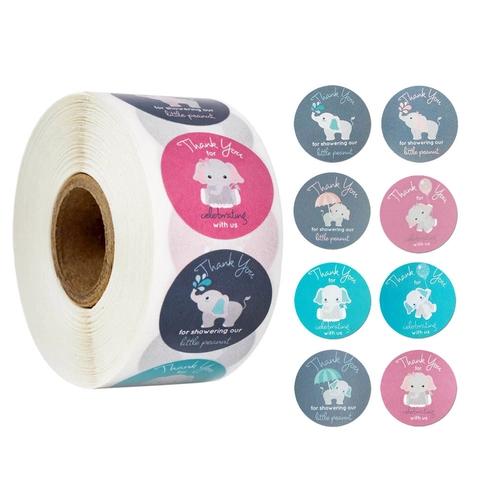 Elephant Baby Shower Thank You Stickers Roll Round Cartoon Elephant Labels For Gift Bag Envelope Sealing Party Decorations