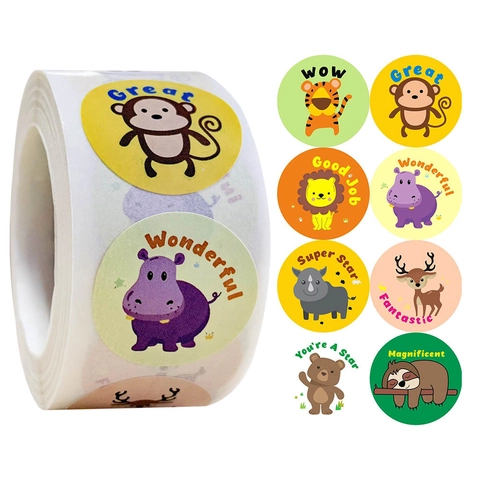 Cartoon Animal Reward Stickers Roll For Kids Teacher Round Motivational Encouragement Labels For Classroom School Or Home Use