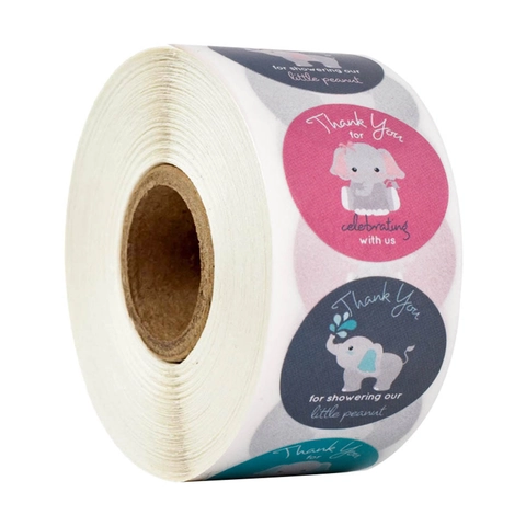 Elephant Baby Shower Thank You Stickers Roll Round Cartoon Elephant Labels For Gift Bag Envelope Sealing Party Decorations