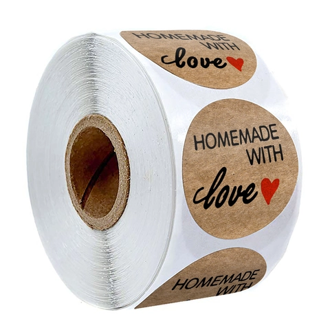 Kraft Paper Homemade With Love Labels Round Handmade Baking Packaging Sealing Stickers Red Heart Decorative Tags