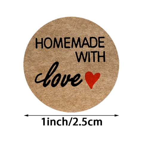 Kraft Paper Homemade With Love Labels Round Handmade Baking Packaging Sealing Stickers Red Heart Decorative Tags