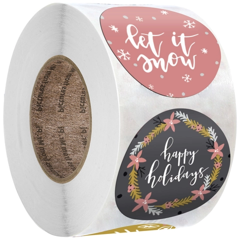 Rollo de Pegatinas Navideñas Happy Holidays Let It Snow Etiquetas Redondas de Papel Kraft para Decoración de Regalos