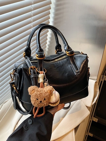 Vintage Women PU Leather Boston Shoulder Bag Fashion Contrast Stitching Handbag With Charms Commuter Crossbody Pillow Bag