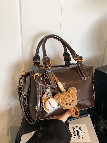 Vintage Women PU Leather Boston Shoulder Bag Fashion Contrast Stitching Handbag With Charms Commuter Crossbody Pillow Bag