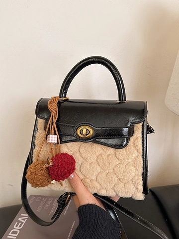 Women Vintage Faux Fur Heart Embossed Handbag Patchwork Synthetic Leather Kelly Style Shoulder Bag With Tassel Charm Metal Lock