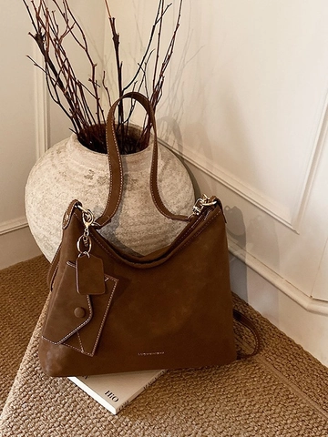 Bolso Tote Retro para Mujer Gran Capacidad PU Gamuza Bolso de Hombro Cruzado Con Colgante Pequeño Bolso de Mano de Moda