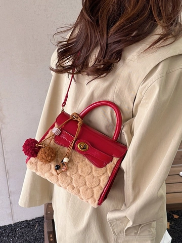 Women Vintage Faux Fur Heart Embossed Handbag Patchwork Synthetic Leather Kelly Style Shoulder Bag With Tassel Charm Metal Lock