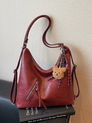 Dames Grote Capaciteit PU Leren Tote Bag Mode Hobo Schoudertas Met Pluche Beer Hanger Retro Woon-werkverkeer Dagelijkse Handtas
