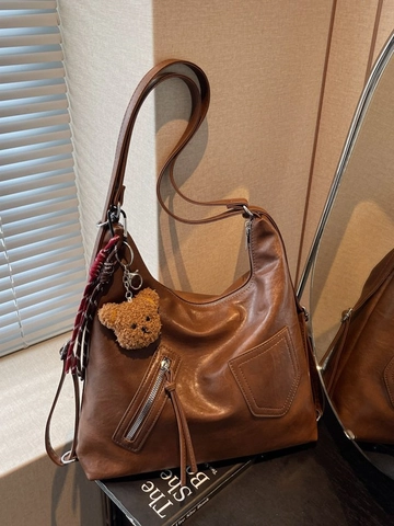 Dames Grote Capaciteit PU Leren Tote Bag Mode Hobo Schoudertas Met Pluche Beer Hanger Retro Woon-werkverkeer Dagelijkse Handtas