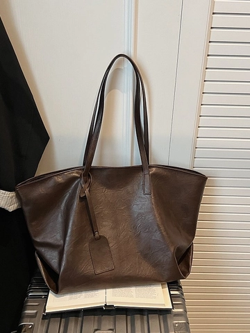 Vintage Retro Minimalist Large Capacity PU Leather Tote Bag For Women Fashion Commuter Shoulder Bag With Hanging Tag