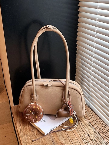 Vintage Matte PU Unterarm Schultertasche Für Damen Retro Kontrastnähte Große Kapazität Handtasche Mit Doughnut Anhängern