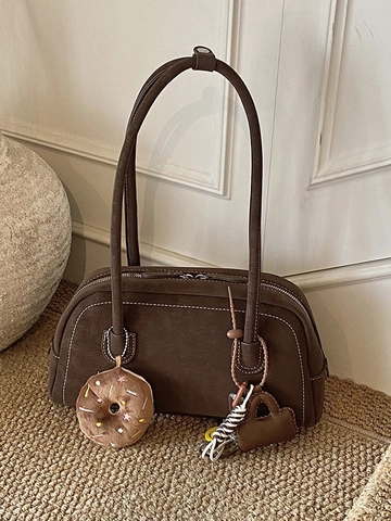 Vintage Matte PU Unterarm Schultertasche Für Damen Retro Kontrastnähte Große Kapazität Handtasche Mit Doughnut Anhängern