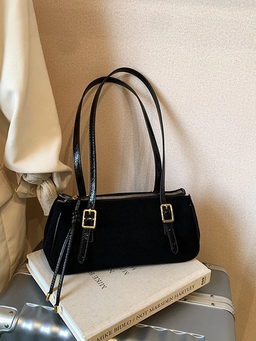 Bolso de Axila Vintage de Gamuza para Mujer Moda Retro Patchwork Baguette con Hebillas Doradas Flecos Bolso de Hombro