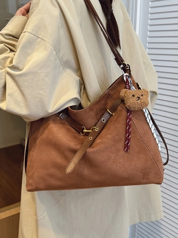 Women Large Capacity Polyester Cotton Tote Bag Vintage Street Fashion Contrast Stitching Shoulder Bag With Bear Pendant