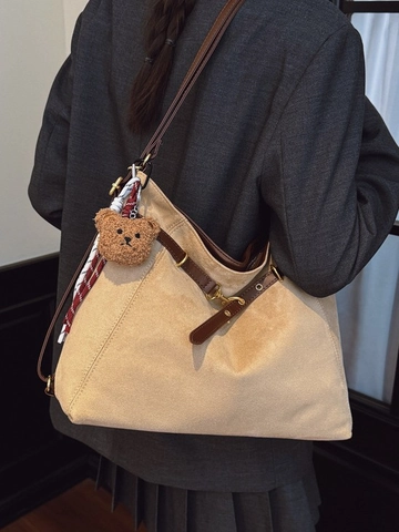 Women Large Capacity Polyester Cotton Tote Bag Vintage Street Fashion Contrast Stitching Shoulder Bag With Bear Pendant