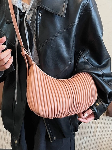 Bolso Bandolera de Media Luna Fruncido para Mujer Cuero PU Minimalista Rayas Verticales Bolso Hobo de Axila Color Sólido Moda