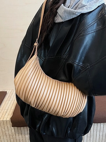 Bolso Bandolera de Media Luna Fruncido para Mujer Cuero PU Minimalista Rayas Verticales Bolso Hobo de Axila Color Sólido Moda