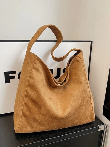 Large Capacity Suede PU Tote Bag For Women Retro Hobo Shoulder Bag Vintage Commuter Handbag Solid Color Versatile Daily Bag