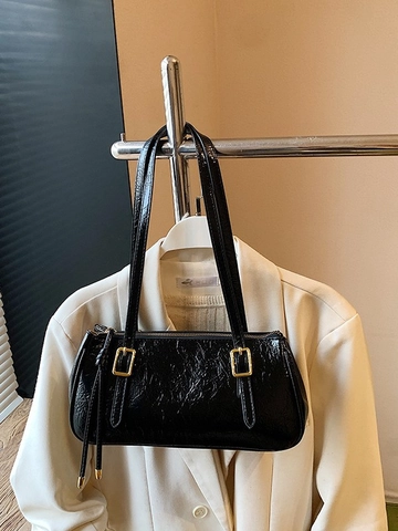 Retro Wrinkle Texture PU Leather Underarm Bag For Women Vintage Baguette Shoulder Bag Gold Buckle Fashion Commuter Handbag