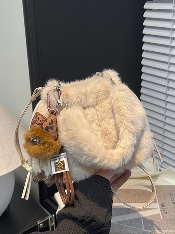 Damen Stilvolle Plüsch Beuteltasche Winter Pendler Handtasche Umhängetasche Mit Abnehmbarem Leopardenmuster Puppe Anhänger