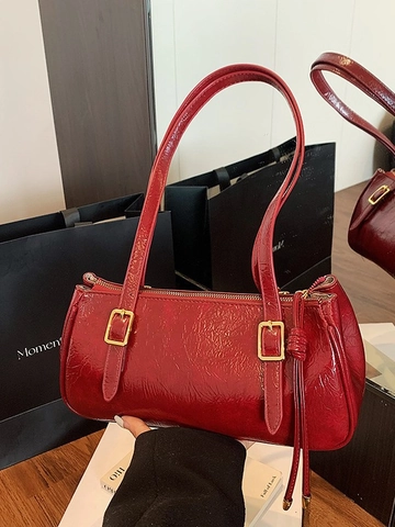 Retro Wrinkle Texture PU Leather Underarm Bag For Women Vintage Baguette Shoulder Bag Gold Buckle Fashion Commuter Handbag