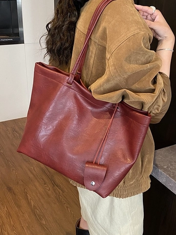 Large Vintage PU Leather Tote Bag For Women Retro Pleated High Capacity Shoulder Bag Underarm Bag For Daily Travel Work