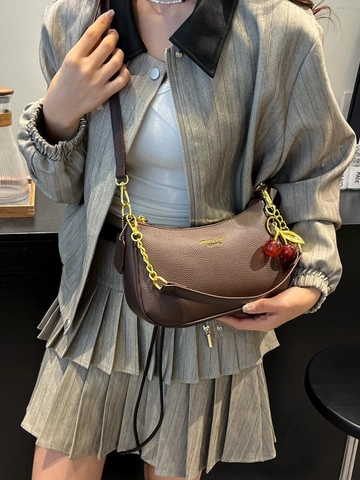 Women Fashion PU Lychee Pattern Crossbody Bag Trendy Hobo Shoulder Bag With Cherry Charm Contrast Color Street Style Handbag